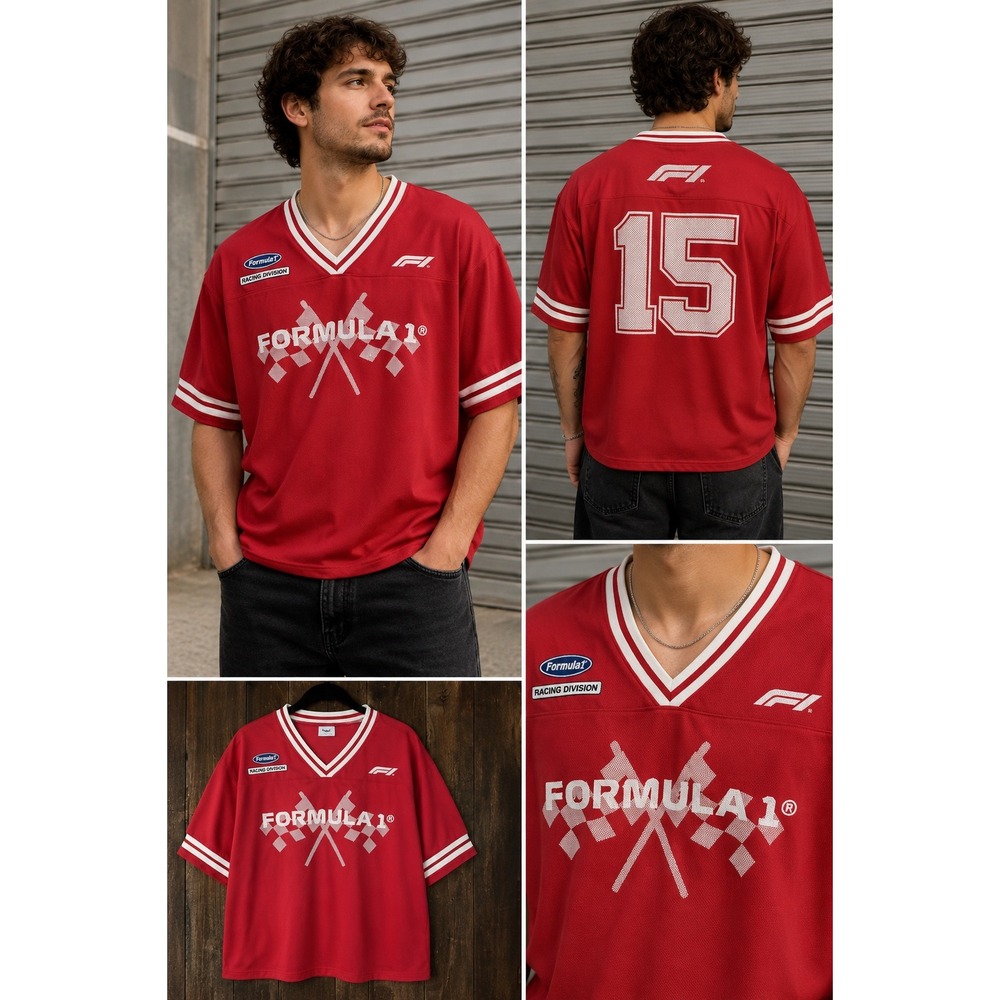 Formula 1 Racing Jersey Men XL Red V-Neck Mesh Polyester Graphic Tee F1 Logo